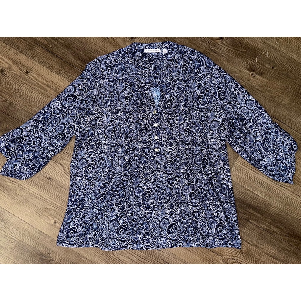Notations Womens XL Navy White Paisley Floral Roll Tab 3/4 Sleeve Blouse Top